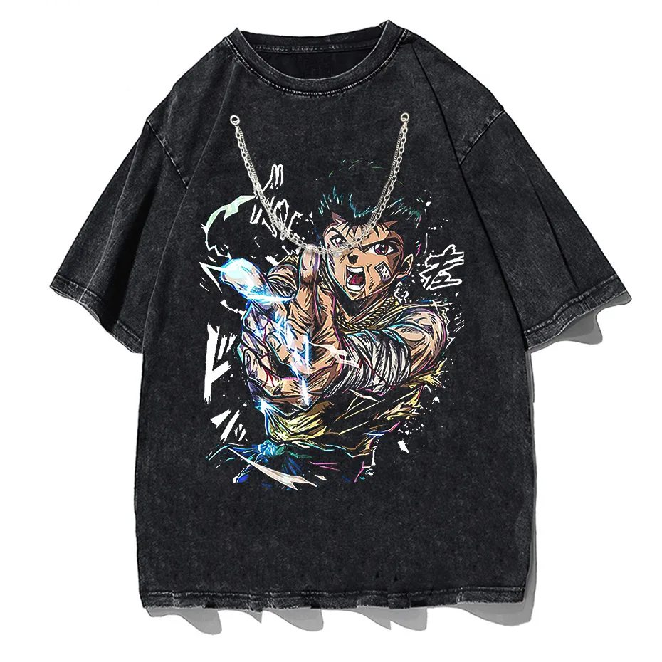 Hip Hop Vintage Washed T-Shirt Men Japanese Anime Boy Graphic Harajuku Streetwear Cotton Summer Tee-3
