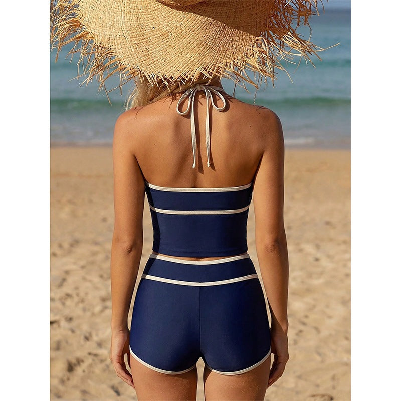 Color-blocked Tie-front Bikini Swimwear Women's Beach Resort Bathing Suit