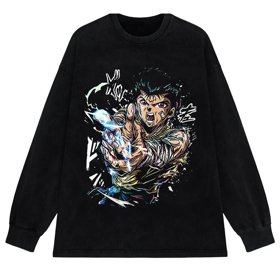 Hip Hop Vintage Washed T-Shirt Men Japanese Anime Boy Graphic Harajuku Streetwear Cotton Summer Tee-7
