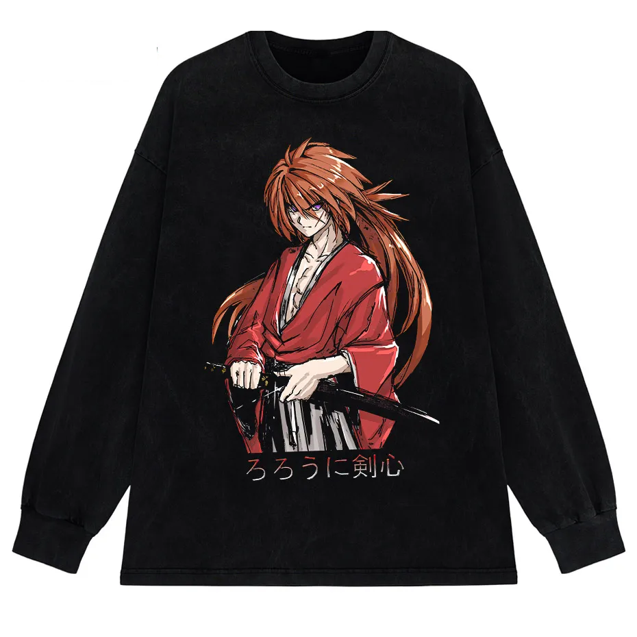 Rurouni Kenshin Washed Anime Graphic T-Shirt Men's Harajuku Streetwear Vintage Cotton Tee-6