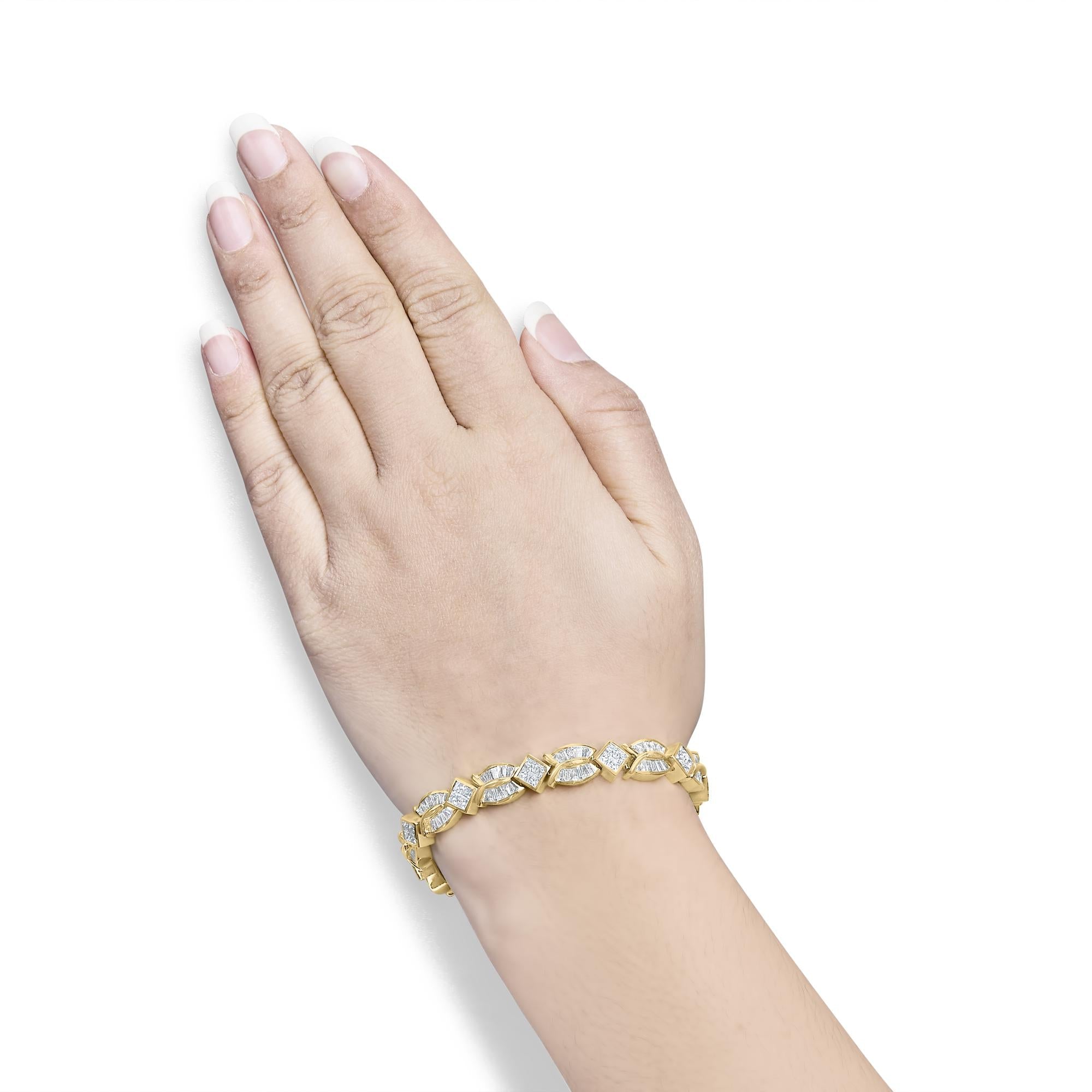14K Yellow Gold 8 1/5 Cttw Baguette and Princess-Cut Diamond Geometric Twist Link Bracelet (G-H Color, VS1-VS2 Clarity) - Size 7"
