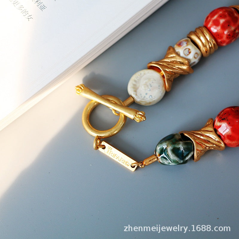 Brass Retro Natural Stone Pearl Necklace Earrings  Women Jewelry Punk Designer Japan Korean