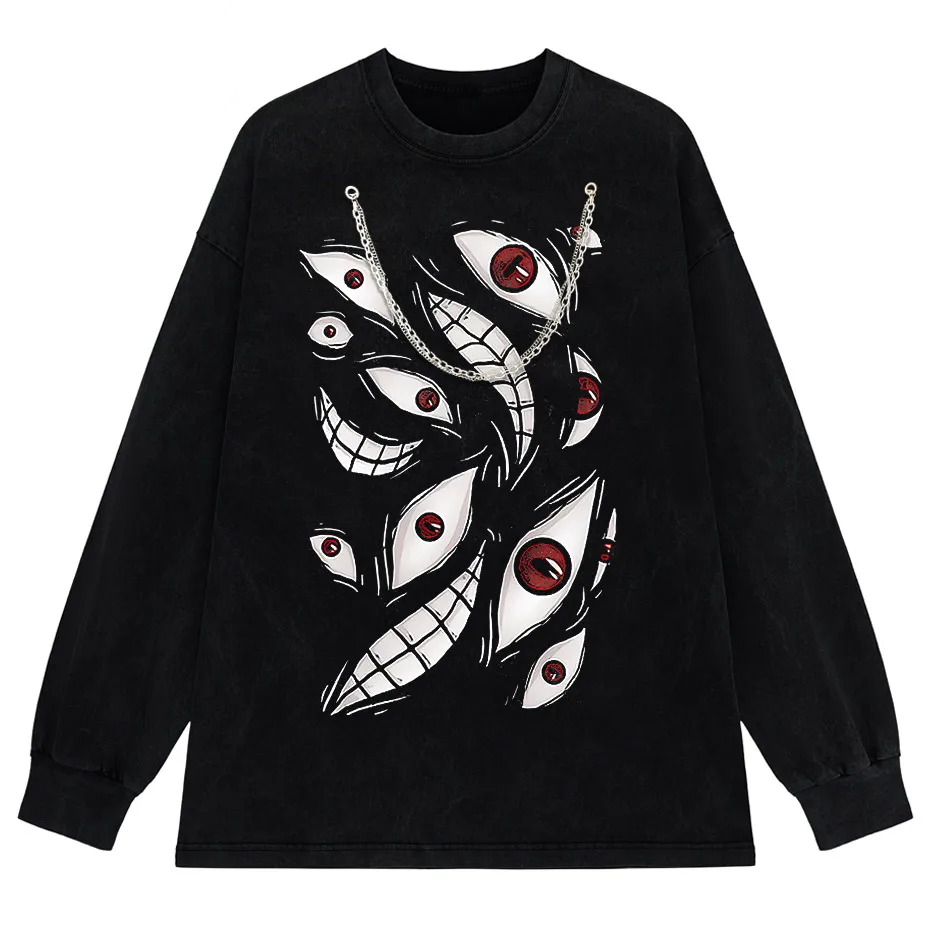 Harajuku Anime Eyes Graphic Washed T-Shirt Men Streetwear Cotton Tee-7