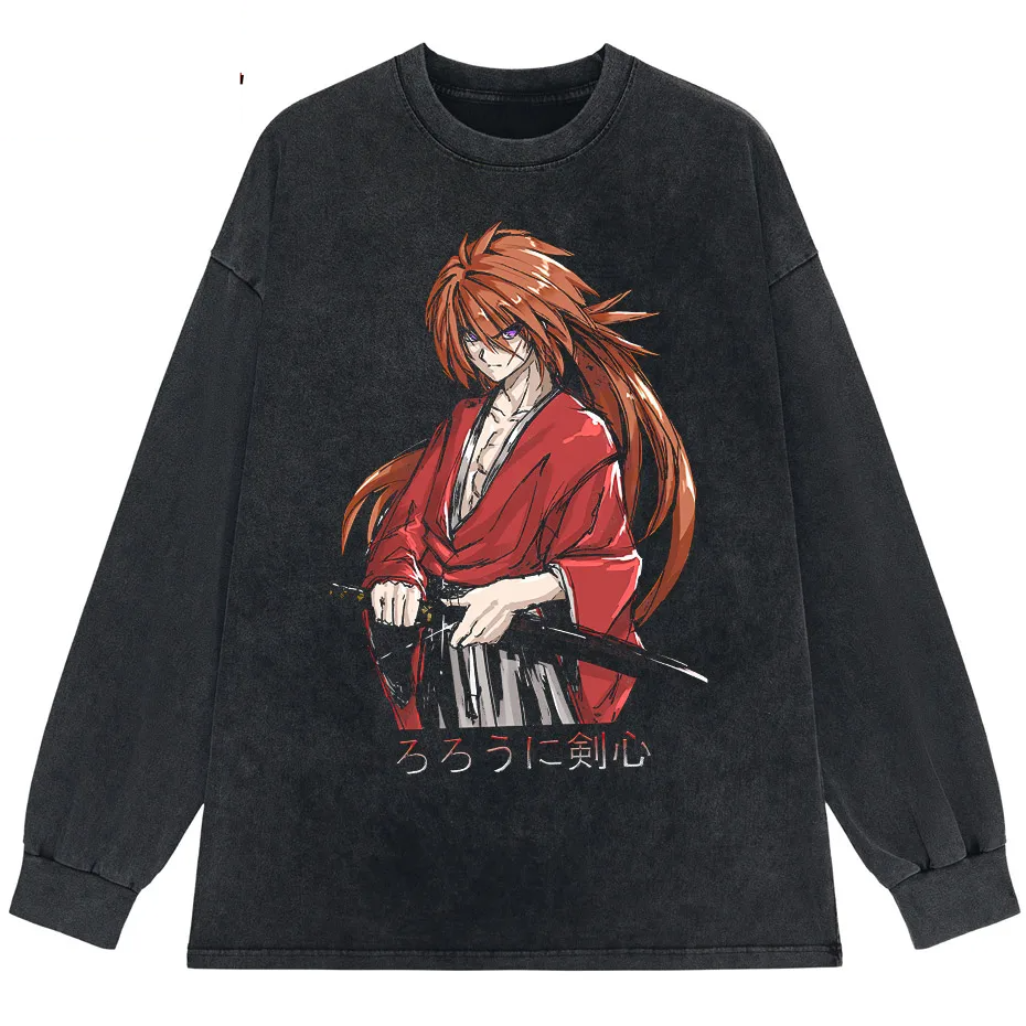 Rurouni Kenshin Washed Anime Graphic T-Shirt Men's Harajuku Streetwear Vintage Cotton Tee-4