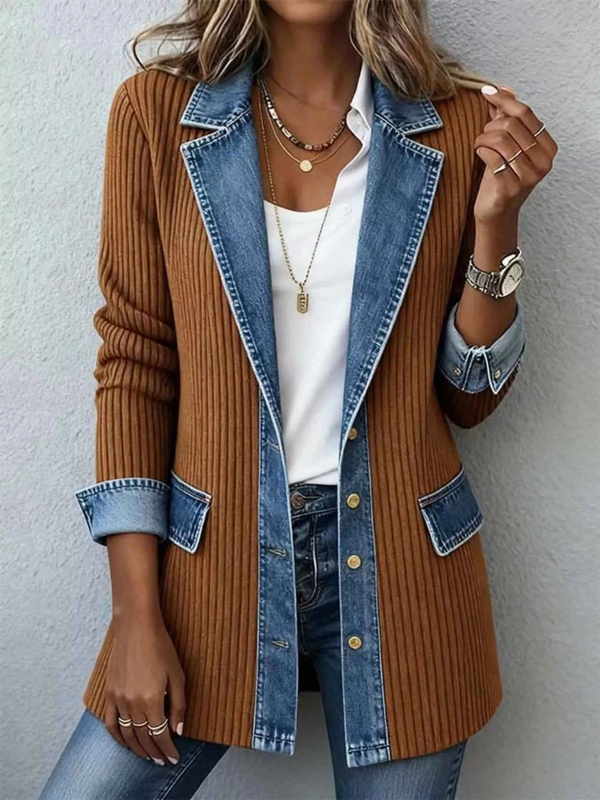 Full Size Denim Trim Ribbed Knit Jacket Plus Size