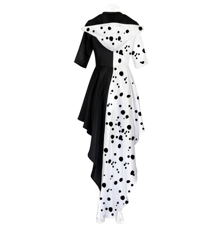 Halloween Cruella Costume Cosplay Evil Queen Black White Coat Evening Party Dress Fashion Emma Magic Performance Oufit