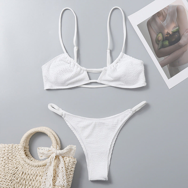 Sexy Solid Color Strappy Bikini Set with Thong Bottom for Women