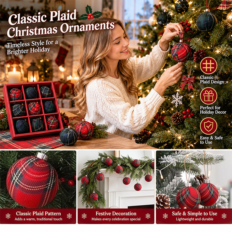 9PCS 8CM Christmas Ball Ornaments – Red & Green Grid Pattern Tree Hanging Pendants, 2026 New Year Holiday Decor