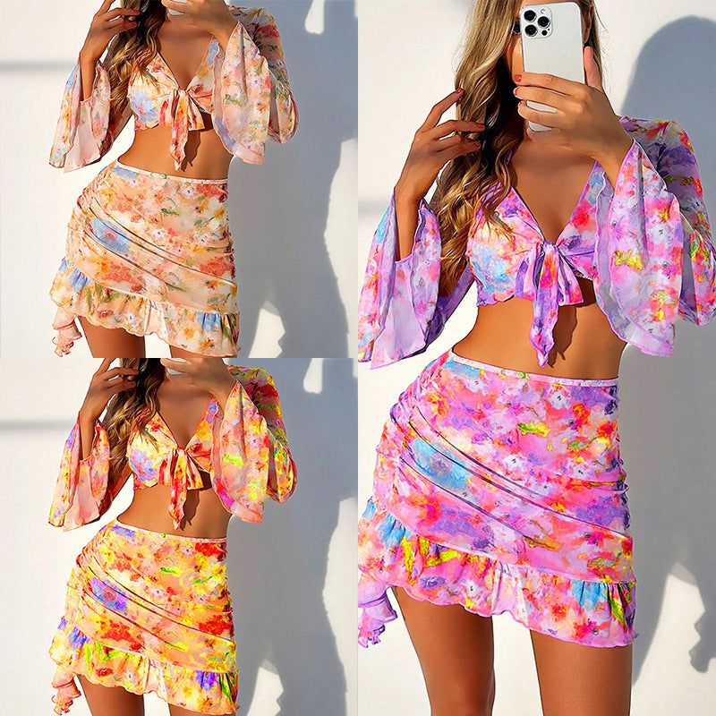 Printed Beach Dress Bikini 4-Piece Swimwear Set for Women