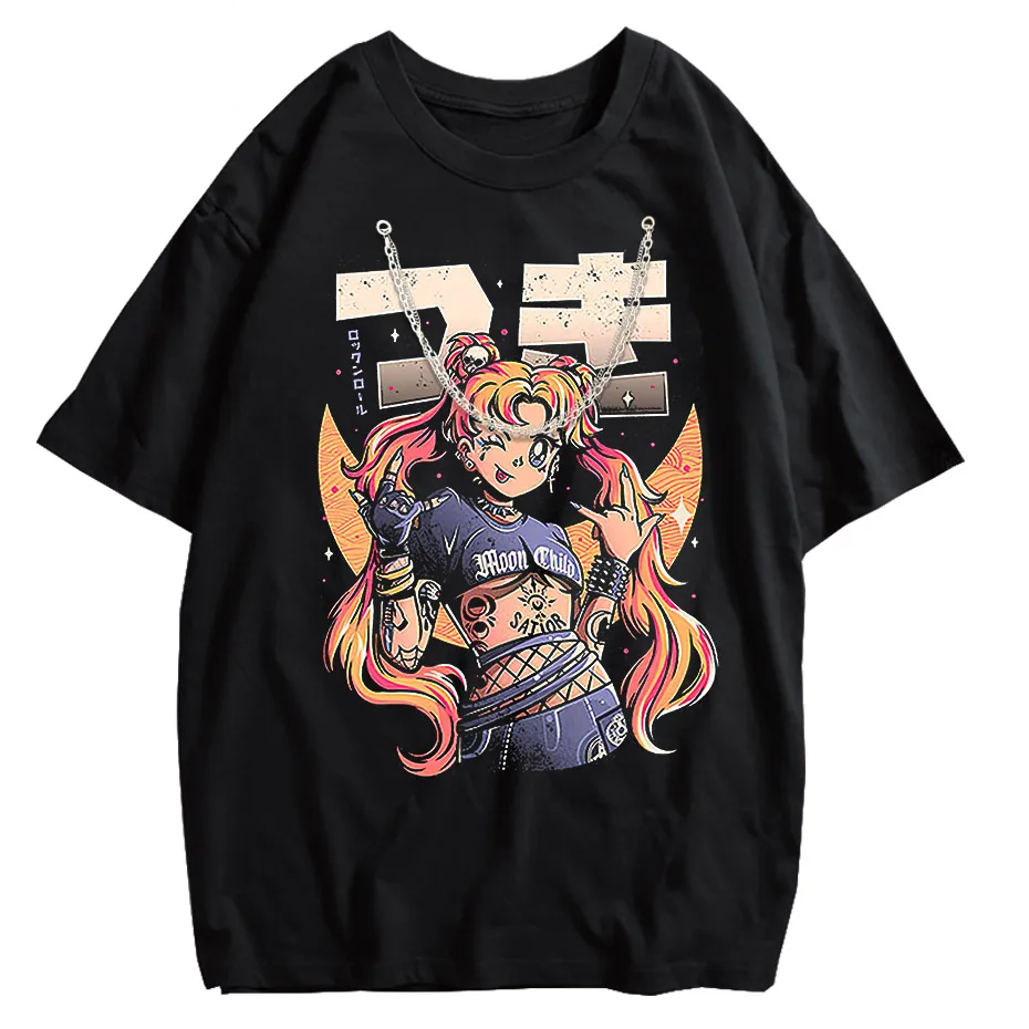 Men's Retro Anime Girl Graphic T-Shirt Cotton Oversized Vintage Tee-6