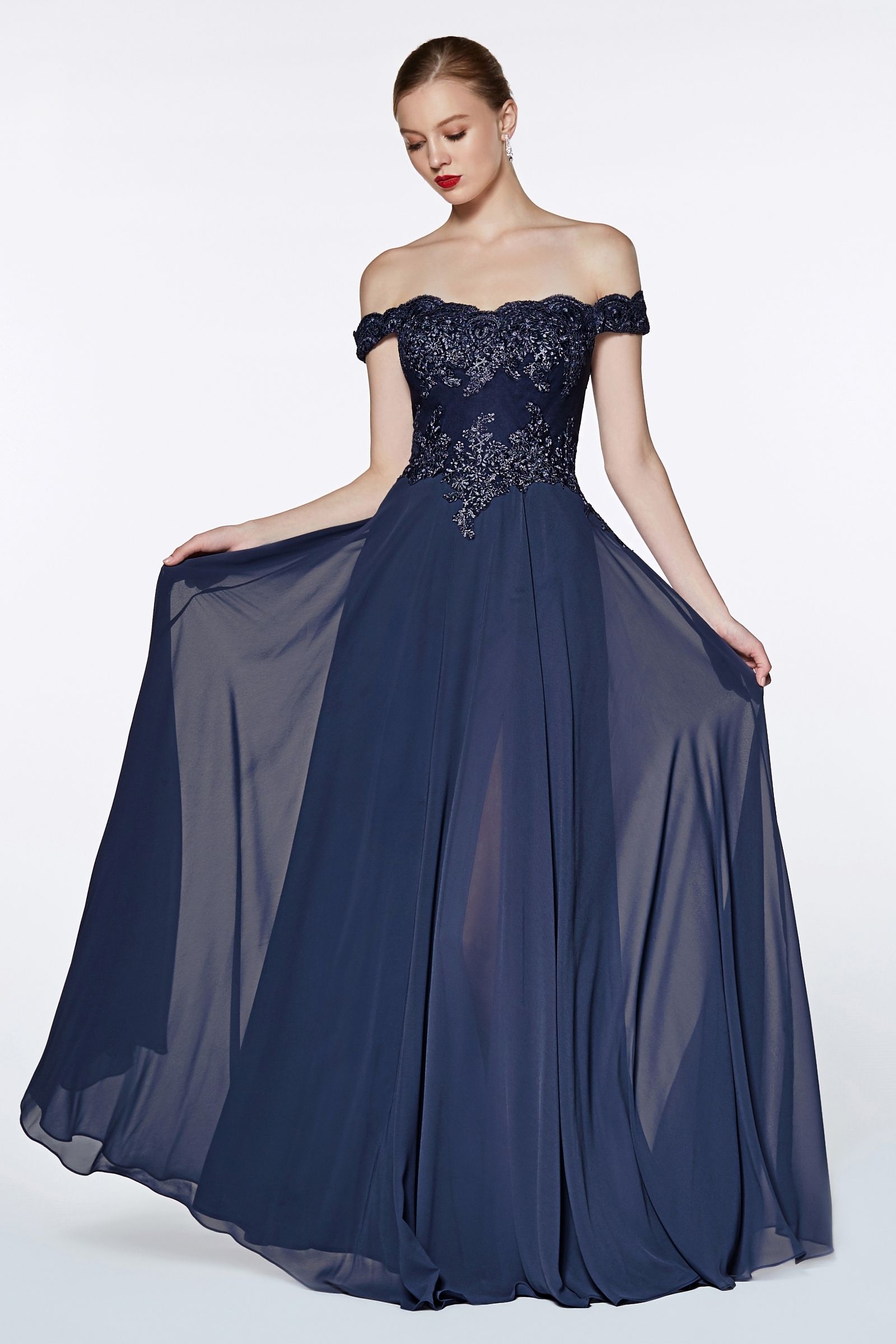 Off The Shoulder Lace Bodice Gown With Flowy Chiffon Bottom And Leg Slit In Lining.-0