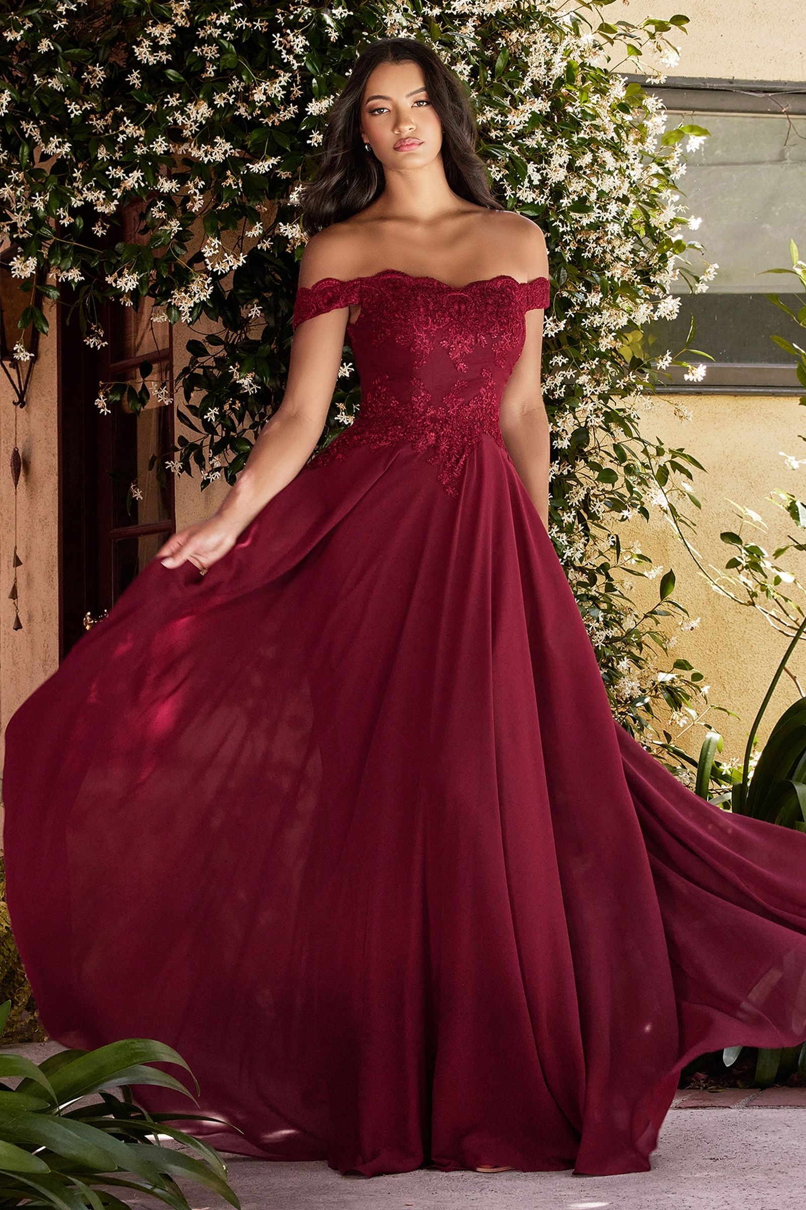 Off The Shoulder Lace Bodice Gown With Flowy Chiffon Bottom And Leg Slit In Lining.-1