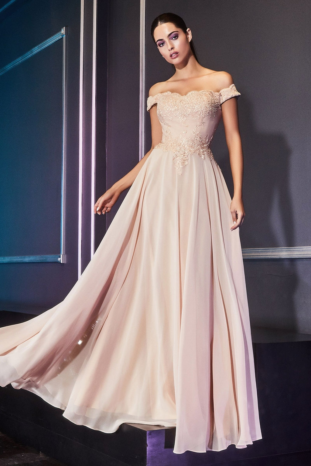 Off The Shoulder Lace Bodice Gown With Flowy Chiffon Bottom And Leg Slit In Lining.-2