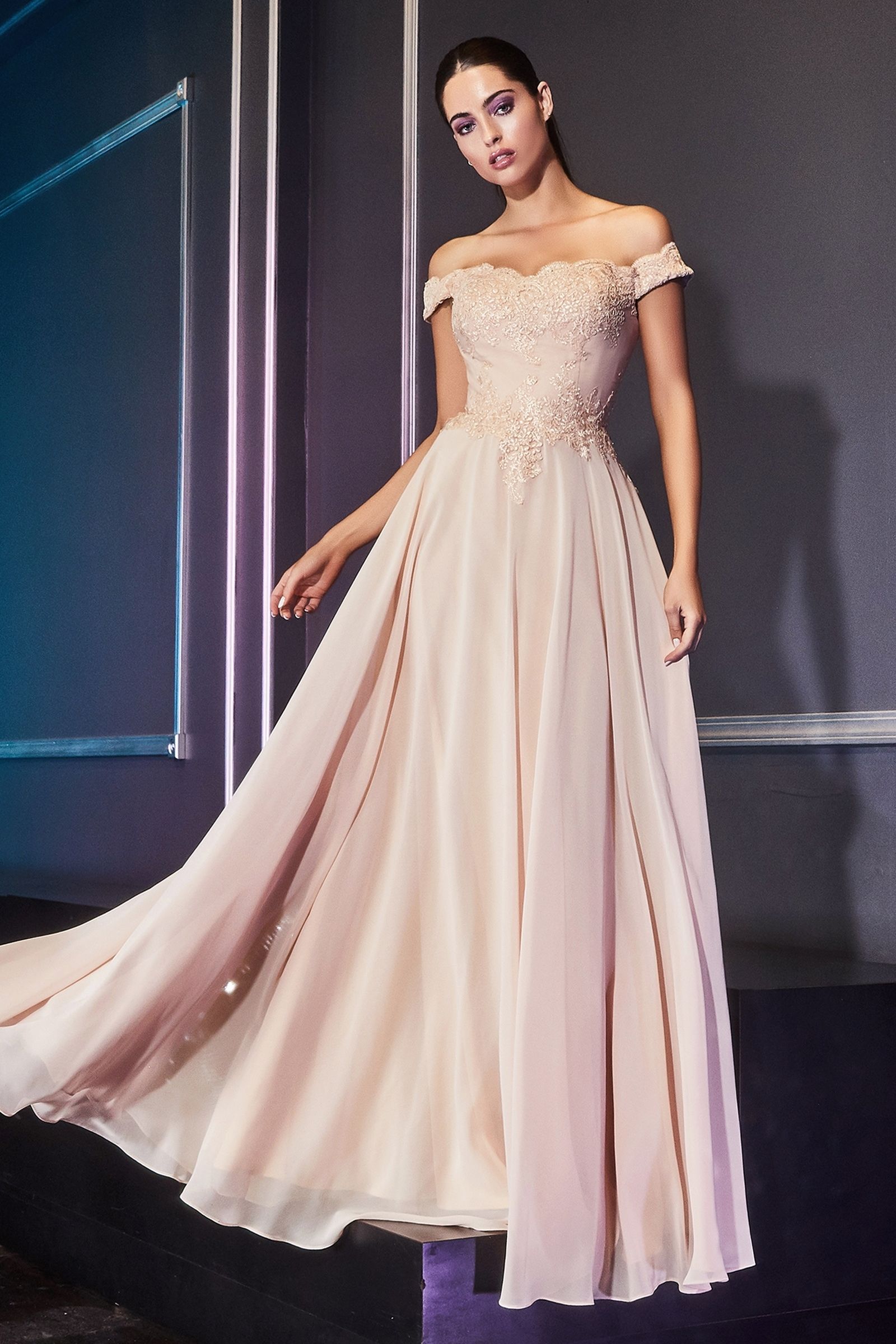 Off The Shoulder Lace Bodice Gown With Flowy Chiffon Bottom And Leg Slit In Lining.-2