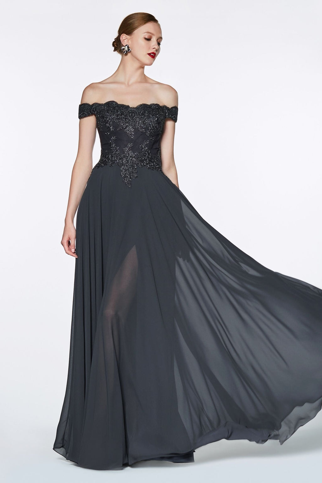 Off The Shoulder Lace Bodice Gown With Flowy Chiffon Bottom And Leg Slit In Lining.-3