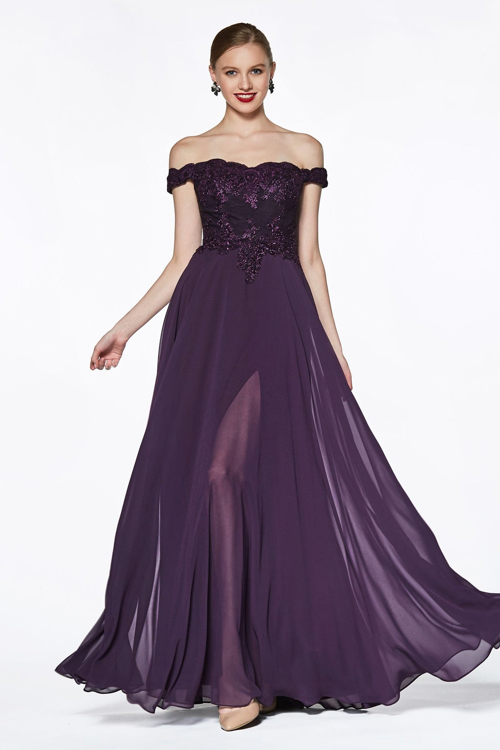 Off The Shoulder Lace Bodice Gown With Flowy Chiffon Bottom And Leg Slit In Lining.-4