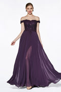Off The Shoulder Lace Bodice Gown With Flowy Chiffon Bottom And Leg Slit In Lining.-4
