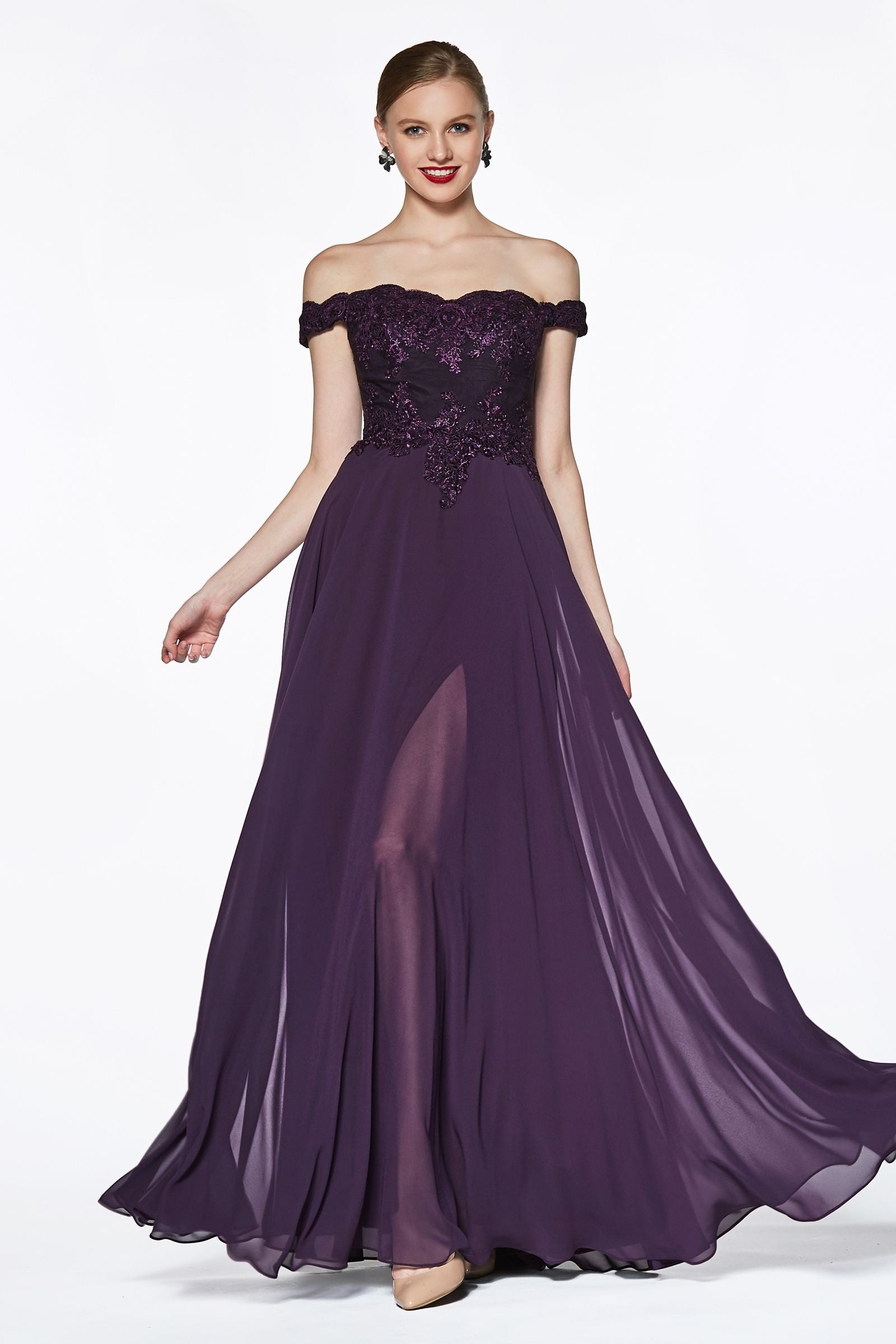 Off The Shoulder Lace Bodice Gown With Flowy Chiffon Bottom And Leg Slit In Lining.-4