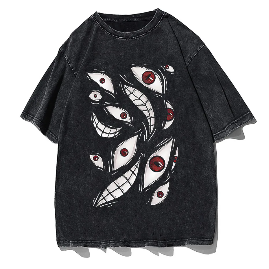 Harajuku Anime Eyes Graphic Washed T-Shirt Men Streetwear Cotton Tee-0