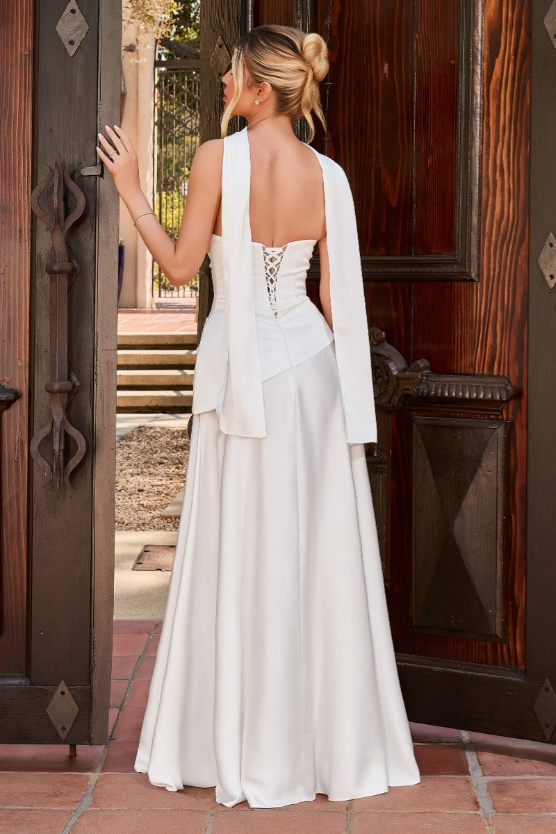 Luxe Satin Draped Wedding Gown With Scarf Neckline & Asymmetrical Peplum-2