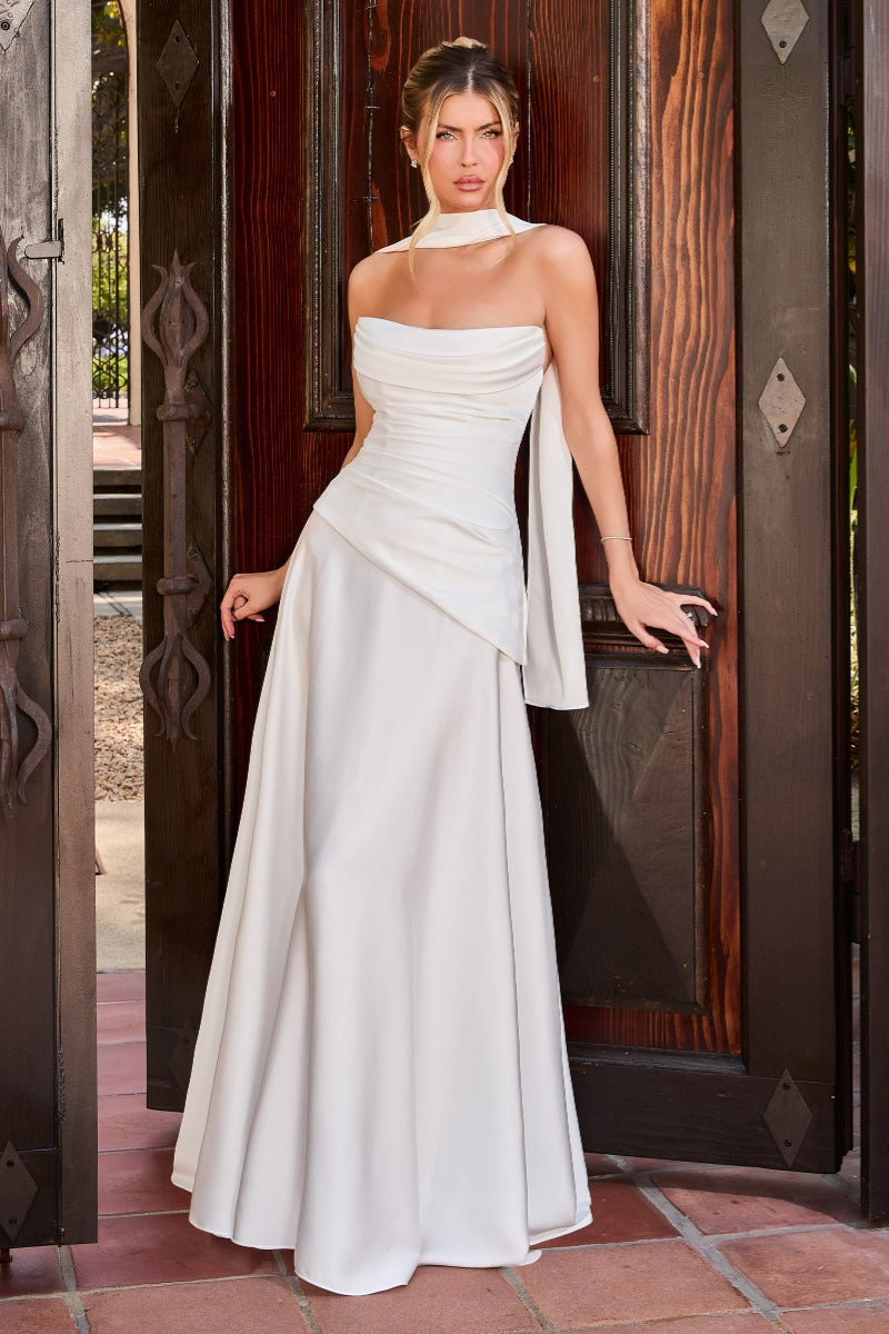 Luxe Satin Draped Wedding Gown With Scarf Neckline & Asymmetrical Peplum-0