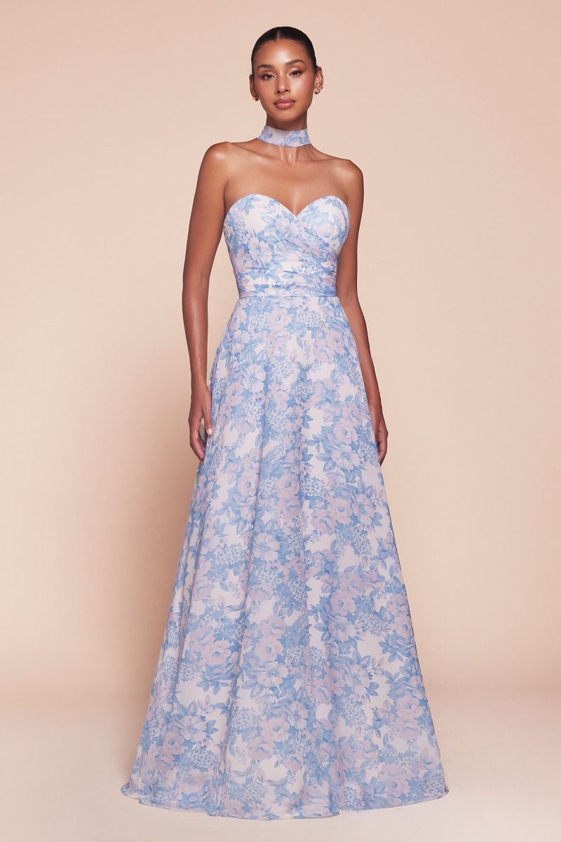 Strapless A-Line Floral Satin Dress-2