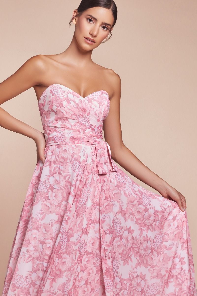 Strapless A-Line Floral Satin Dress-1