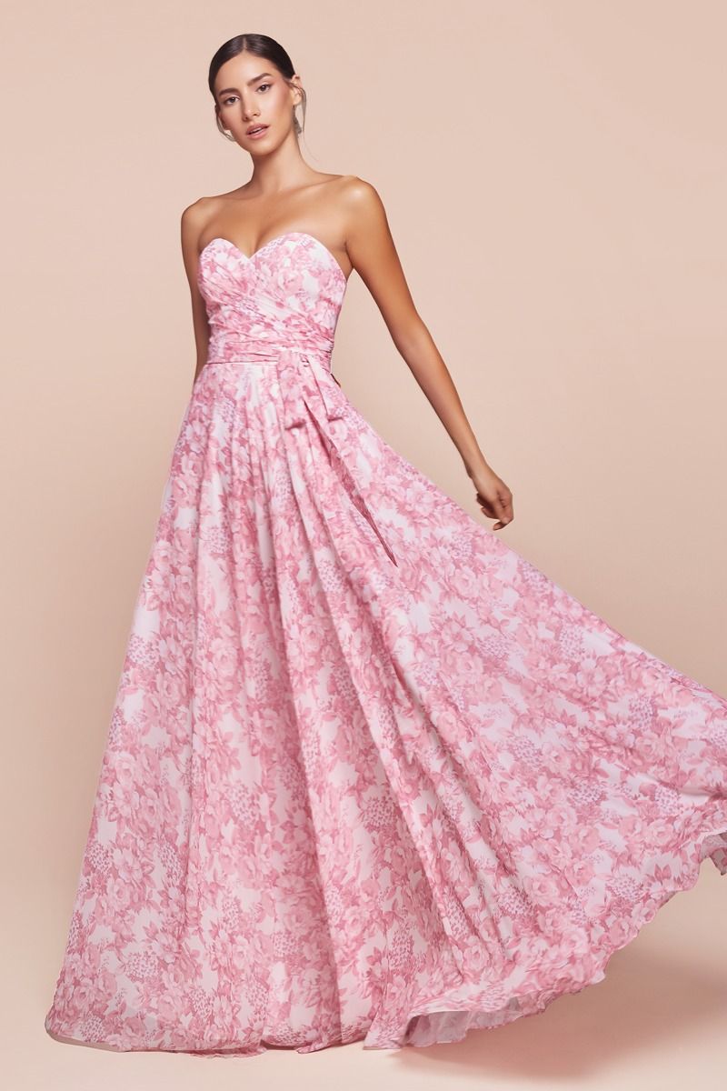 Strapless A-Line Floral Satin Dress-3
