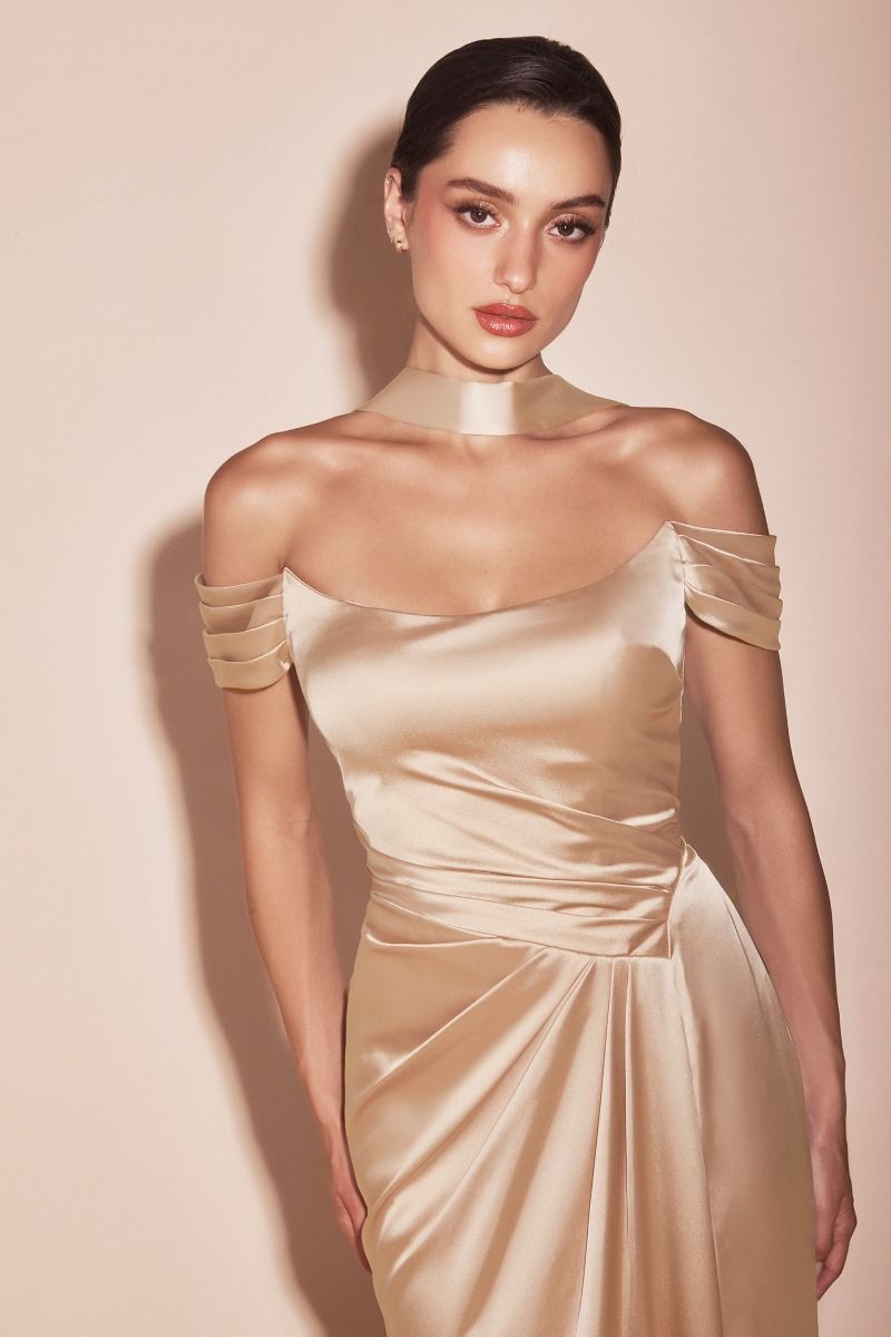 Off The Shoulder Lace Up Corset Satin Gown-3