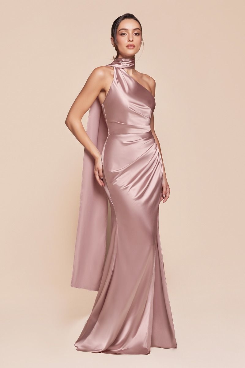 One Shoulder Luxe Satin Fitted Gown-3