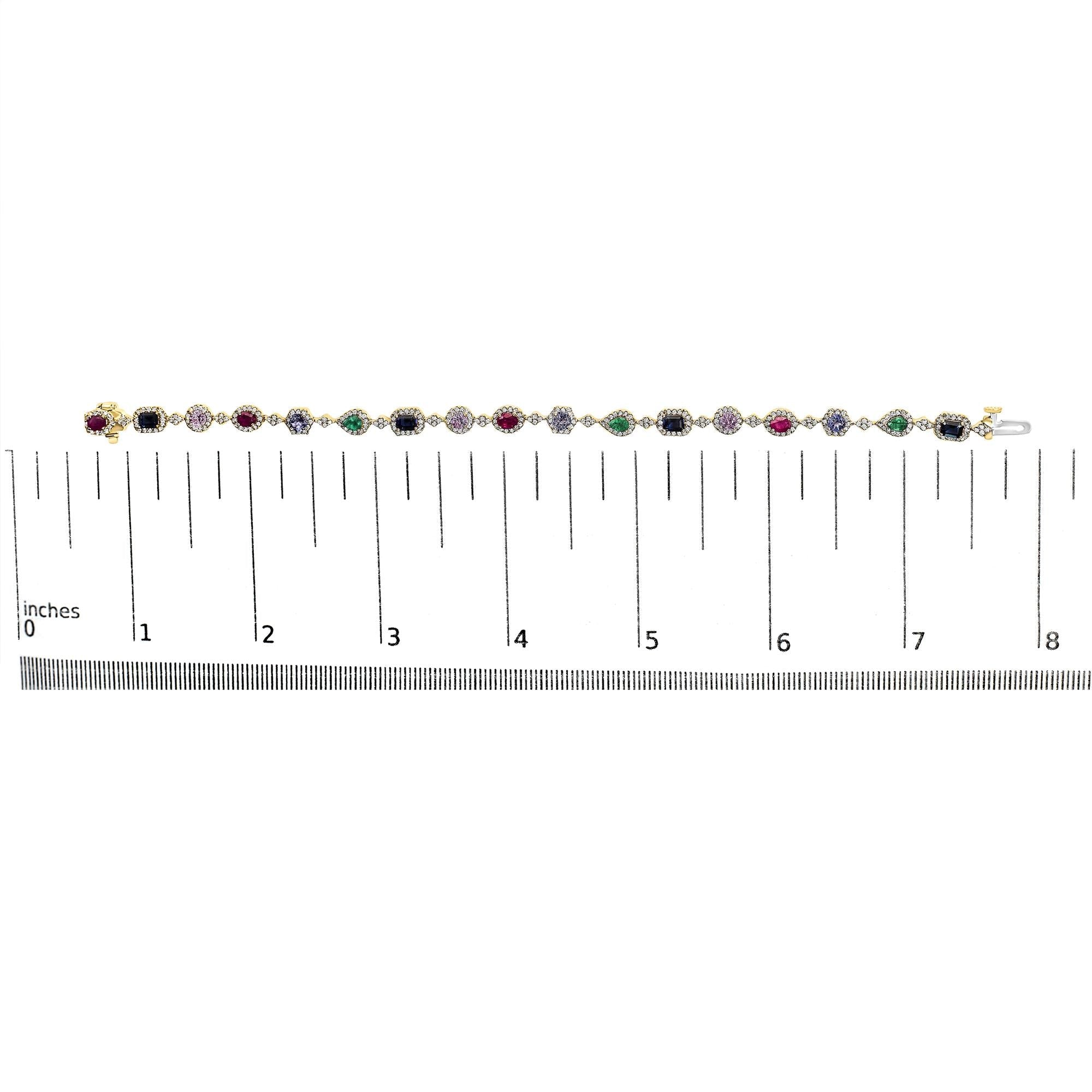 14K Yellow Gold Multi-Gemstone  and Diamond Halo Rainbow Link Bracelet