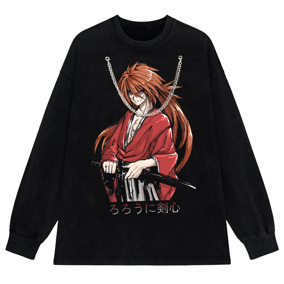 Rurouni Kenshin Washed Anime Graphic T-Shirt Men's Harajuku Streetwear Vintage Cotton Tee-5
