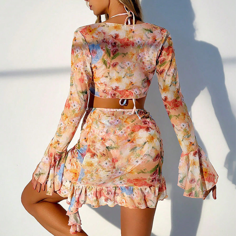 Printed Beach Dress Bikini 4-Piece Swimwear Set for Women