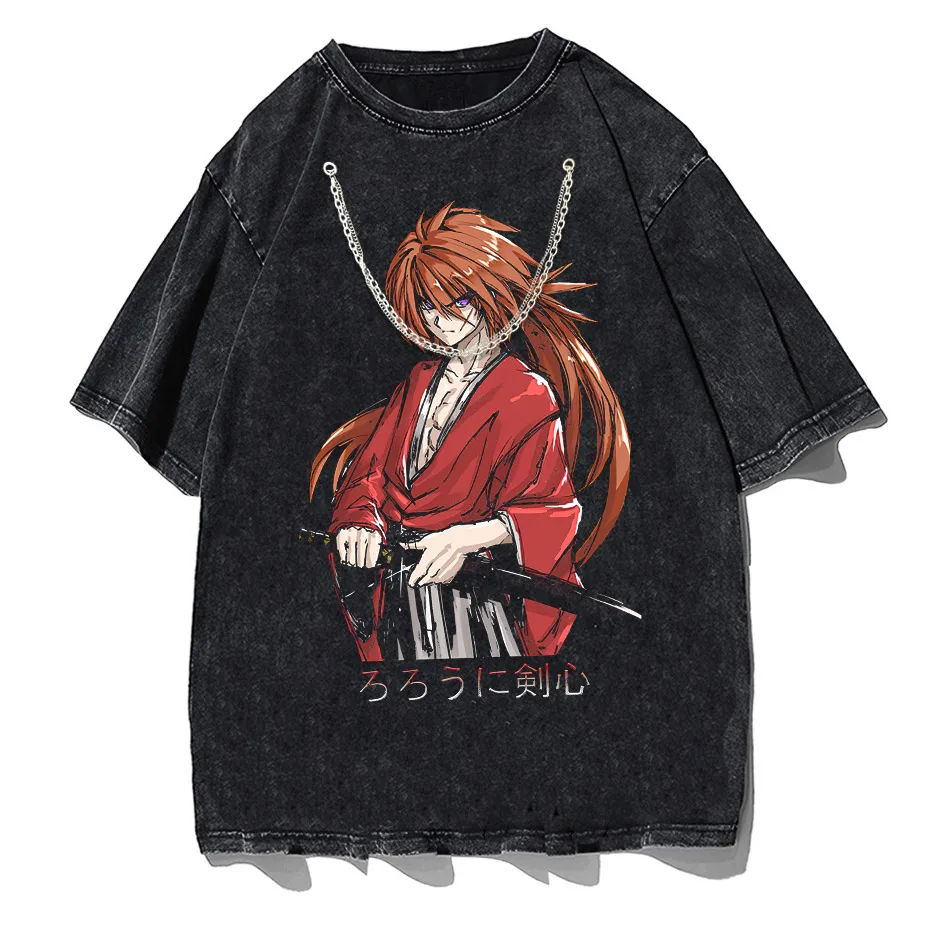 Rurouni Kenshin Washed Anime Graphic T-Shirt Men's Harajuku Streetwear Vintage Cotton Tee-2