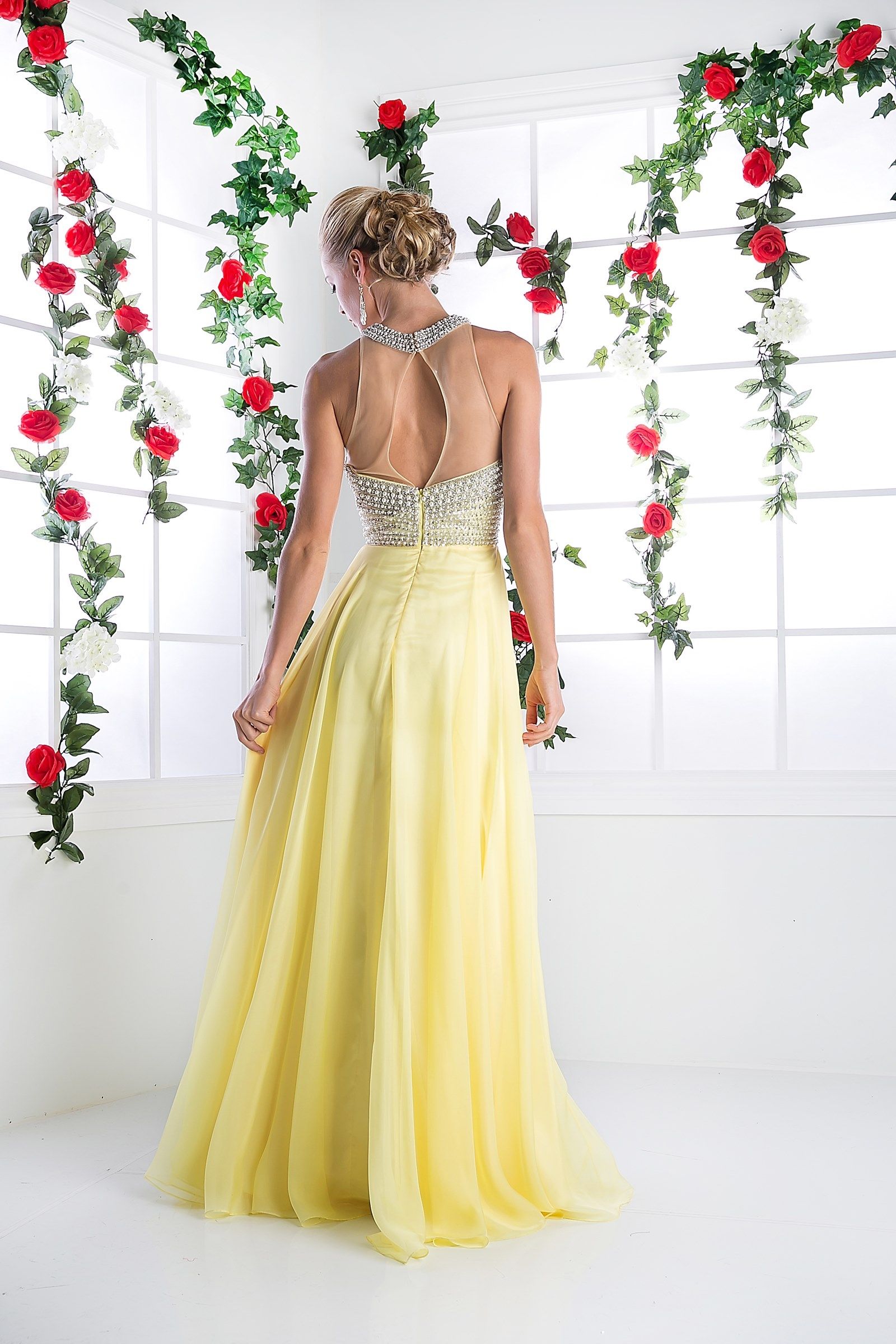 Illusion High Halter on Chiffon Dress-0