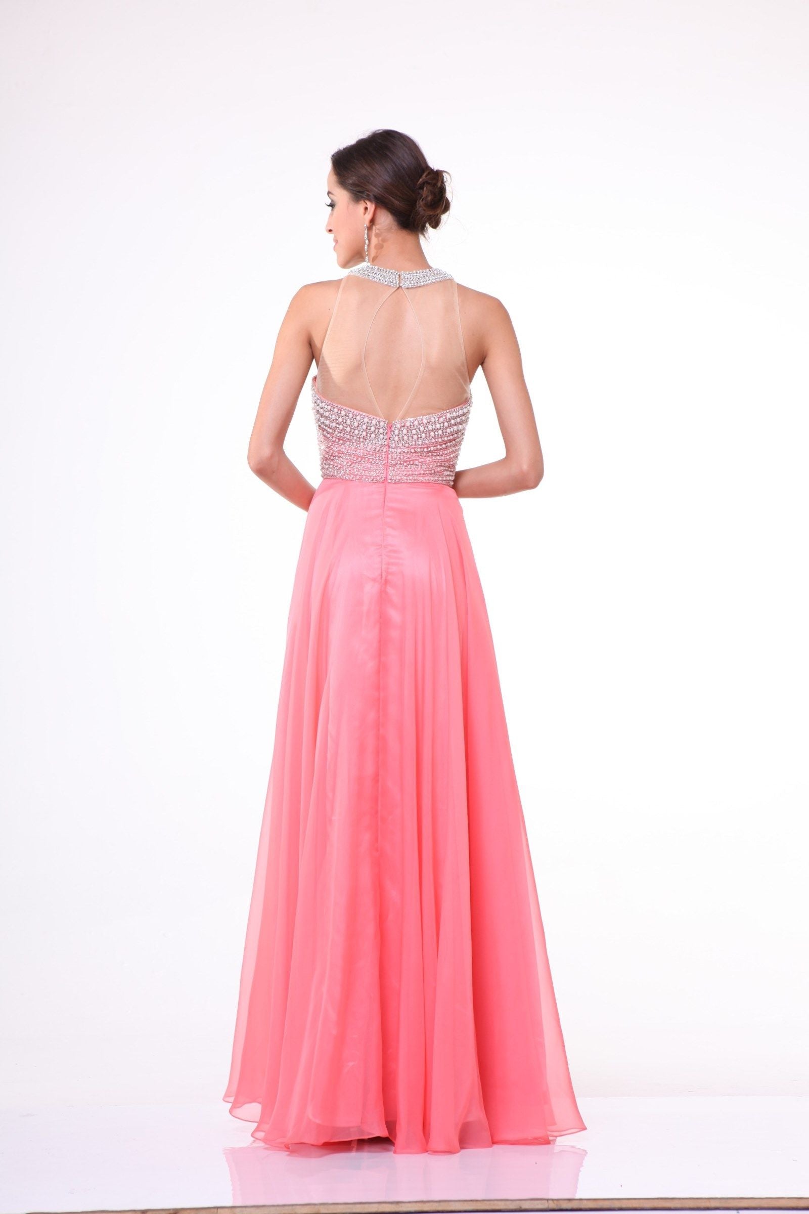 Illusion High Halter on Chiffon Dress-5