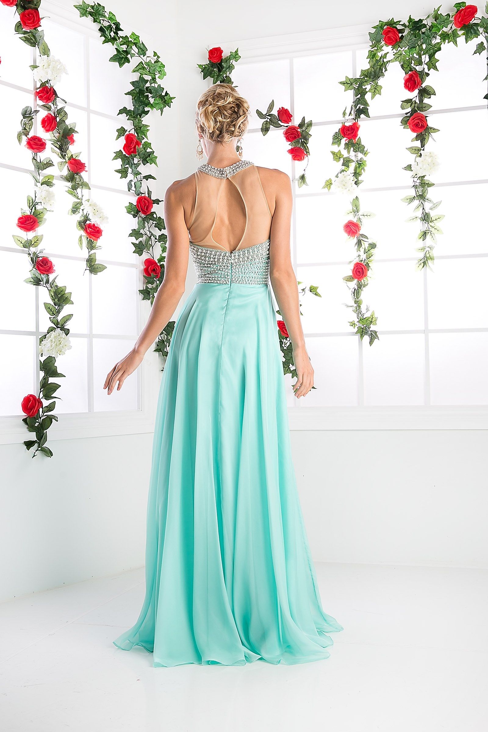 Illusion High Halter on Chiffon Dress-7