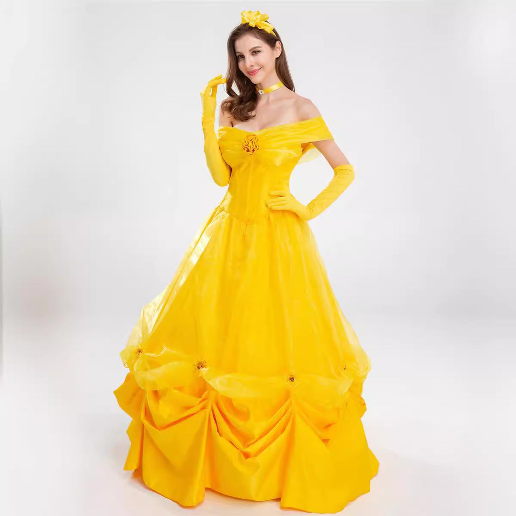 Beast Cosplay Belle Princess Yellow Dress for Women Adult Costume Stage Performance Dress