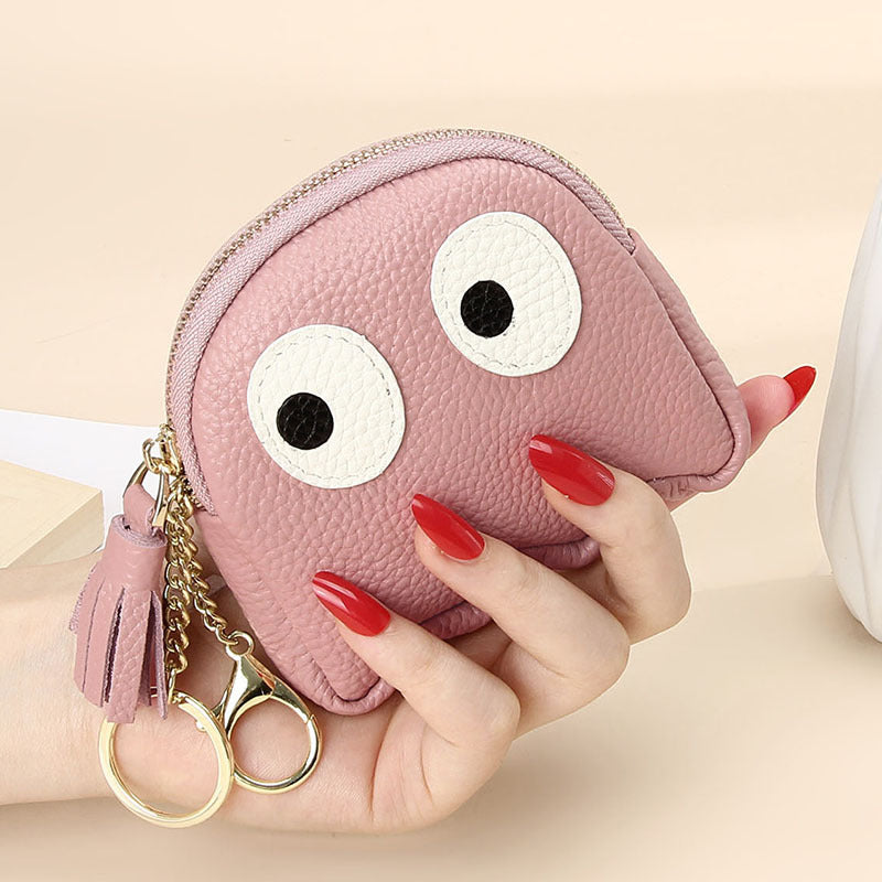 Leather Mini Creative Cartoon Zipper Coin Pouch Ins Cute Keychain Hard Coin Genuine Leather Wallet for Women