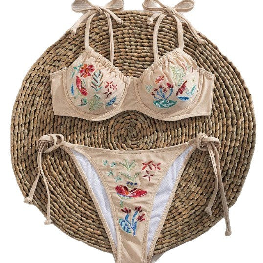 Flower embroidery steel holder gathers swimsuit