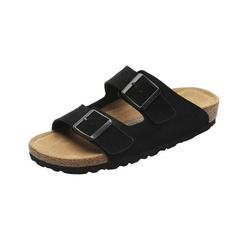 Leather flat bottomed Buchen slippers for women's doubles with button up two character slippers