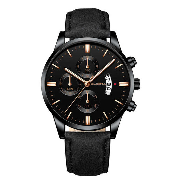 CUENA Fashion Men's Stainless Steel Watch Leather Band Analog Quartz Wrist Watch