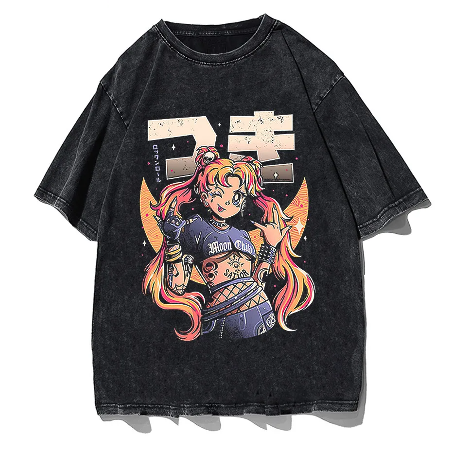 Men's Retro Anime Girl Graphic T-Shirt Cotton Oversized Vintage Tee-2