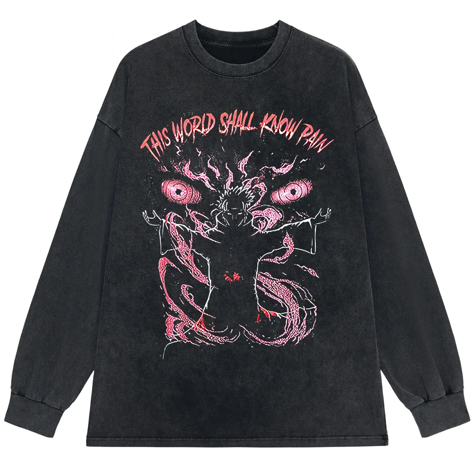 Anime Pain Print Vintage Washed T-Shirt 100% Cotton Harajuku Streetwear-6