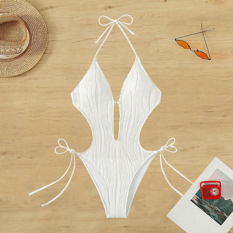 Solid Color Strappy Sexy High-Waisted Bikini Swimwear