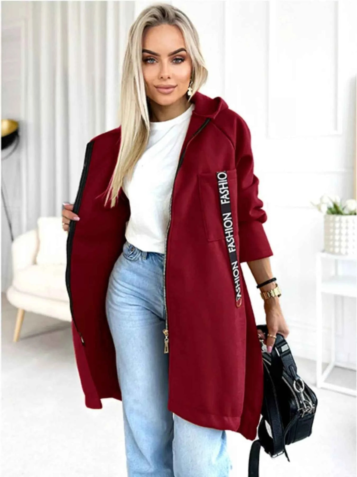 Full Size Zip Up Longline Hooded Outerwear Plus Size