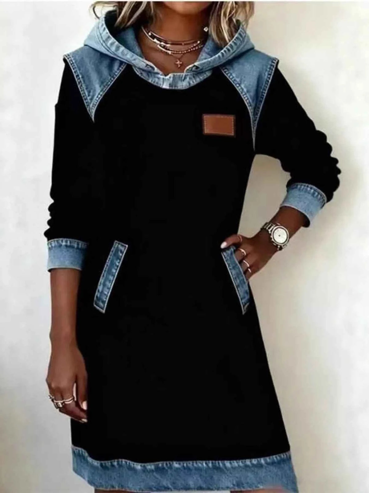 Full Size Denim Patchwork Hooded Sweatshirt Dress Plus Size