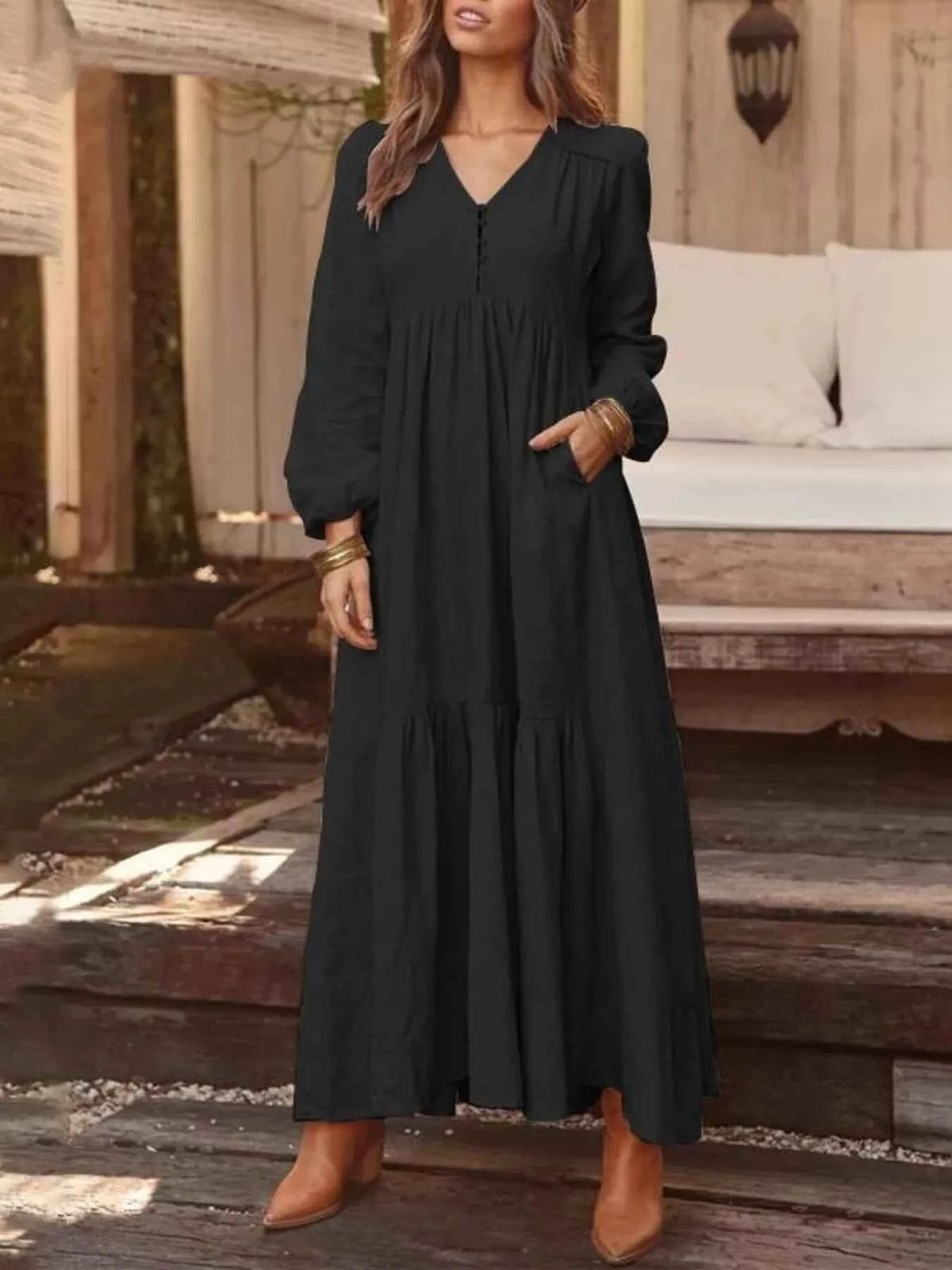Full Size V-Neck Long Sleeve Tiered Maxi Dress with Pockets Plus Size