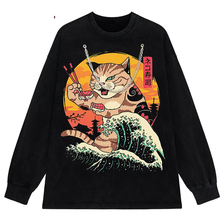 Japanese Genki Cat Anime Print Men's T-Shirt Casual O-Neck-5