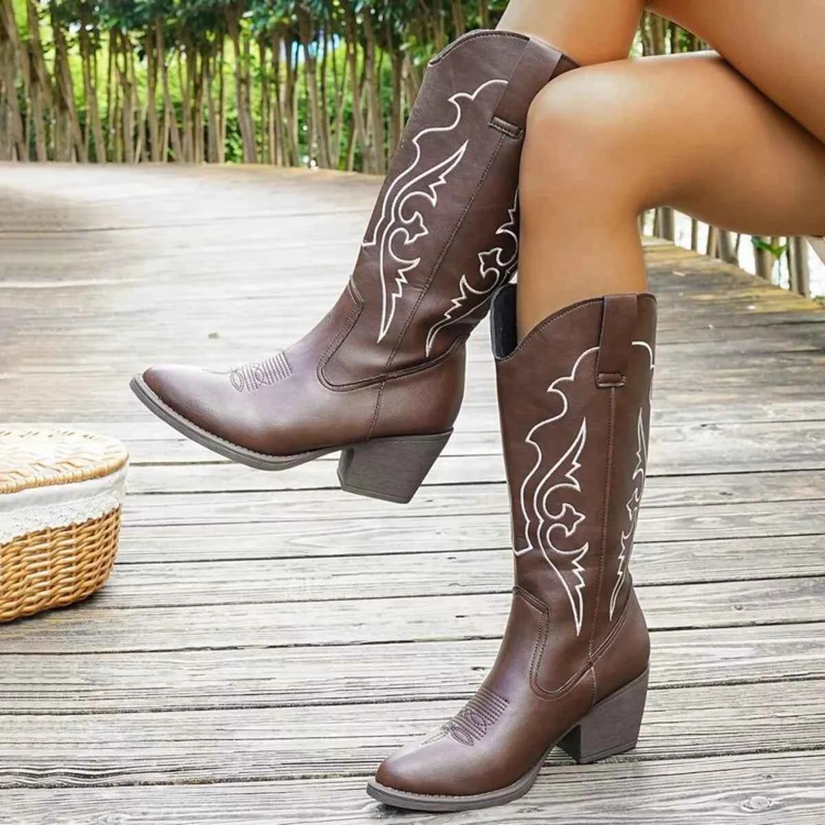 Western Embroidered Mid-Calf Boots